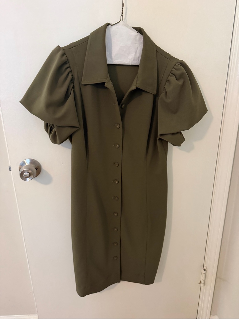 Calvin Klein Olive Puff-Sleeve Button-Down Midi Dress